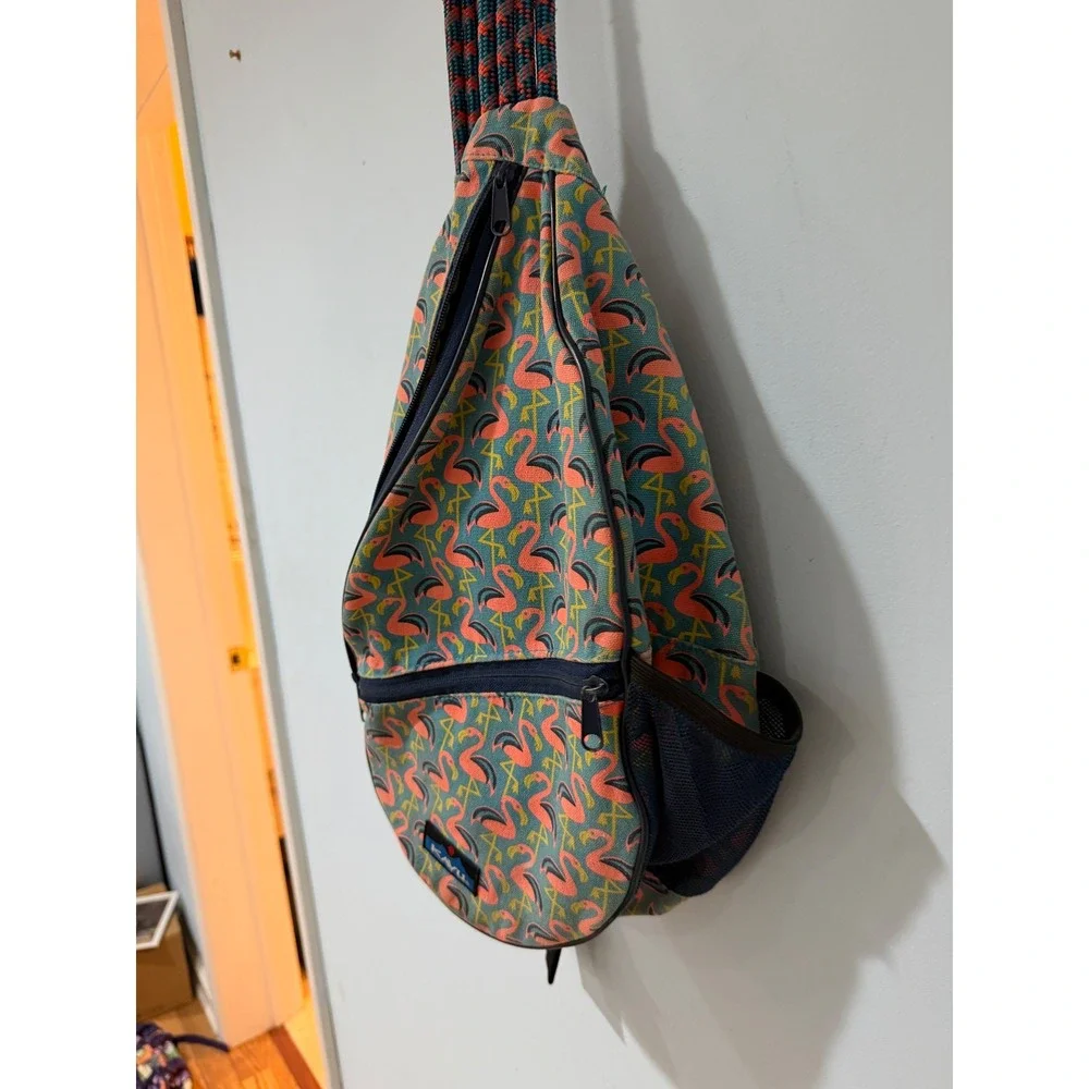 KAVU Rope Bag Flamingo Print Canvas Sling Backpack Blue Pink